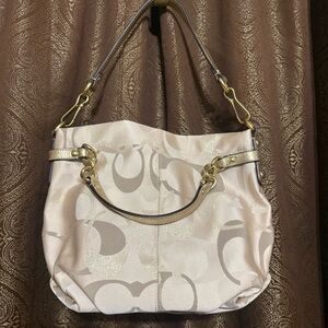 Coach Champagne Logo Canvas Gold Leather Slouchy Hobo Bag Purse D1271-F20221